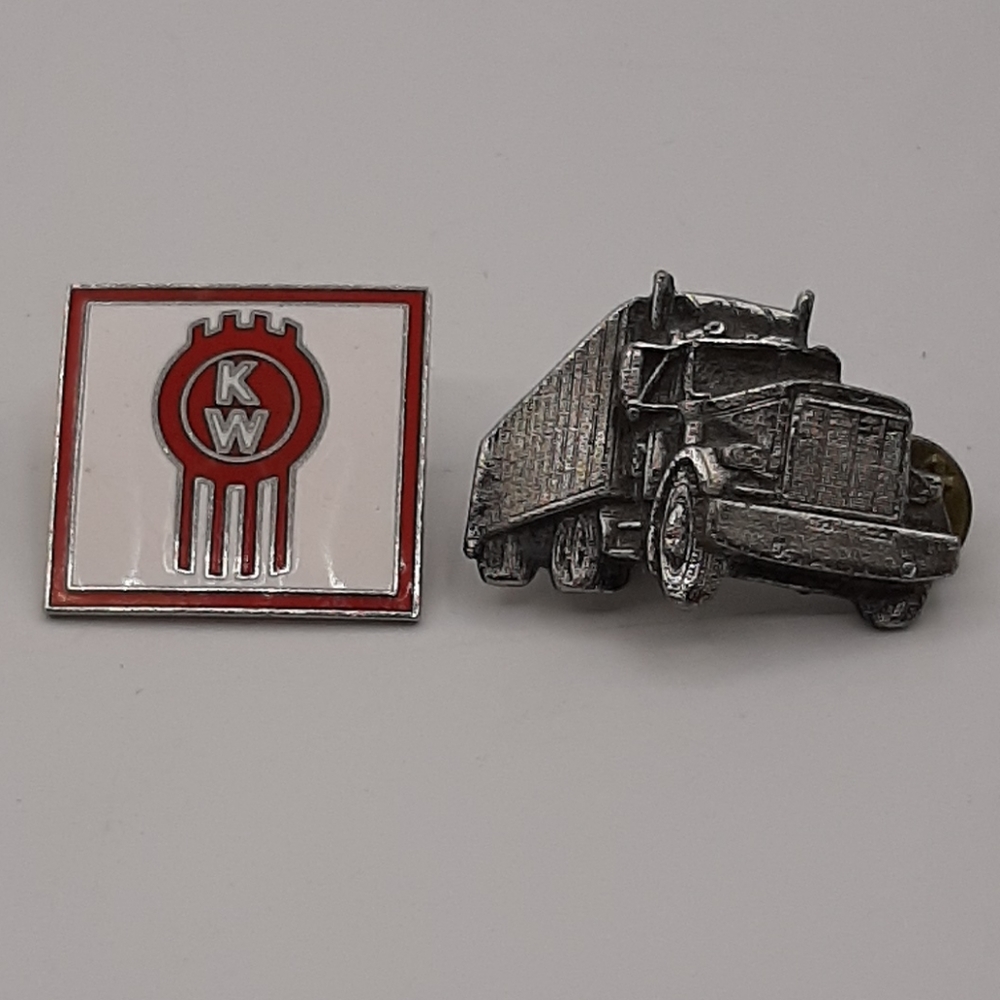 Vintage Kenworth Trucker Pinback Pin Lapel Red White and Silver Tone Truck